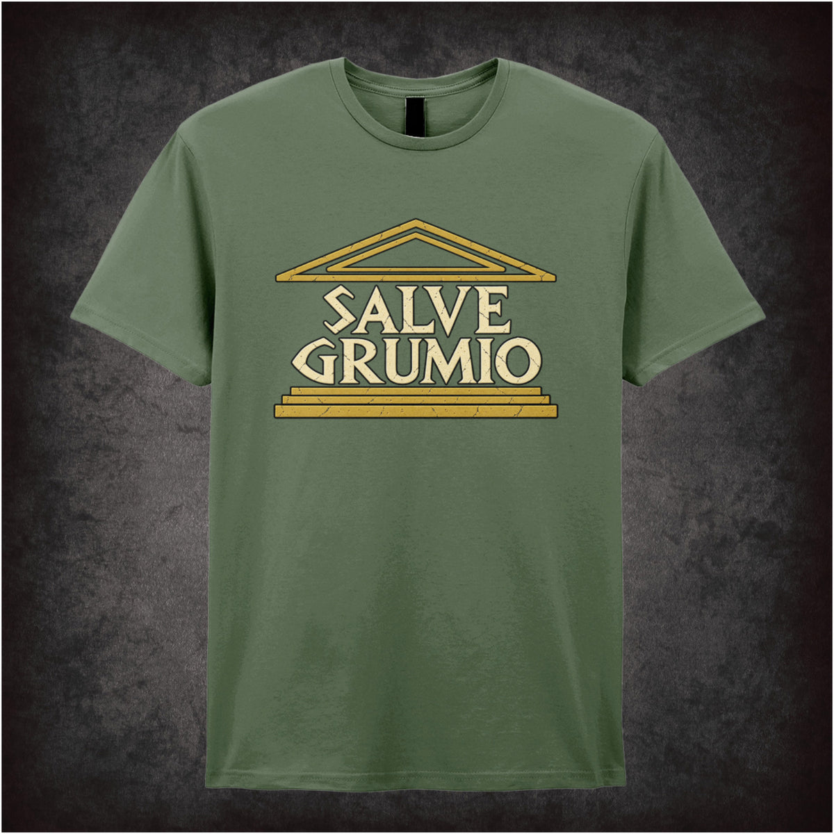 “‘Salve Grumio’ T-shirt in military green from Plebs”