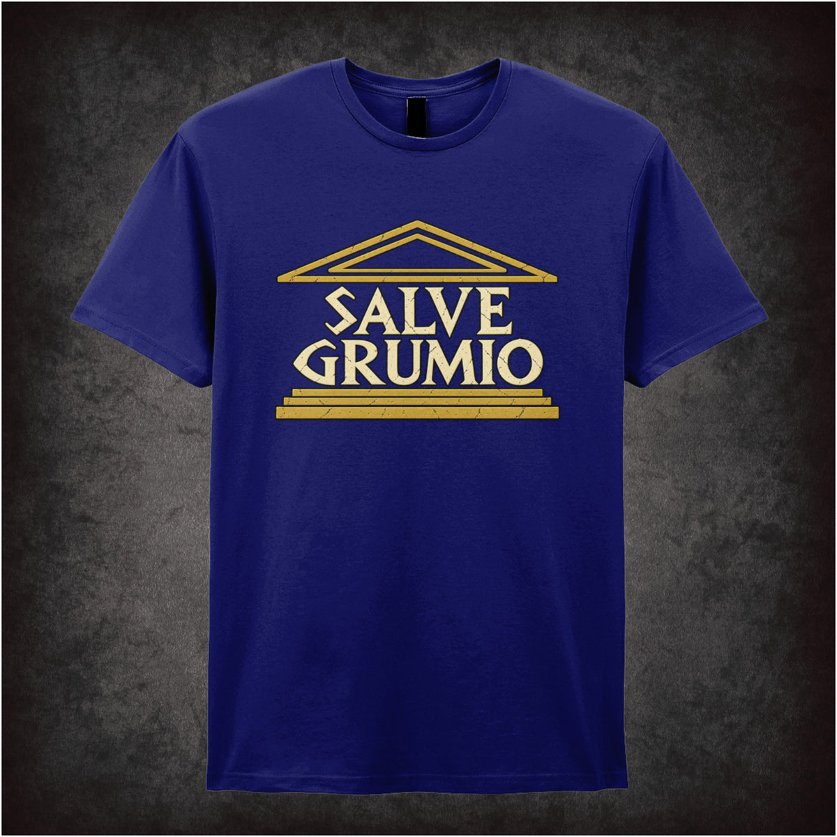 “‘Salve Grumio’ T-shirt in navy from Plebs”