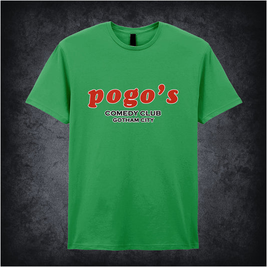 Irish green unisex t-shirt featuring the text “Pogo's Comedy Club, Gotham City” inspired by the Joker, styled with a darkly comic design.