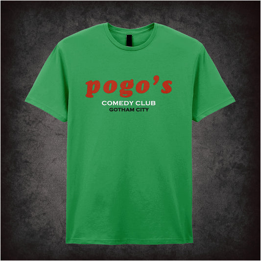 Irish green unisex t-shirt featuring the text “Pogo's Comedy Club, Gotham City” inspired by the Joker, styled with a darkly comic design.