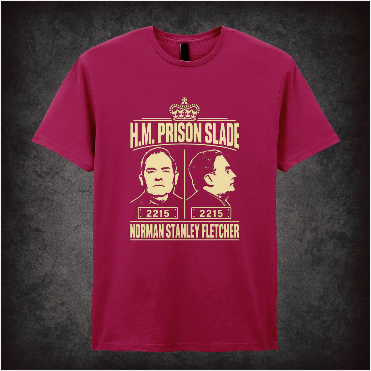 “Norman Stanley Fletcher ‘H.M. Prison Slade’ T-shirt in cardinal red from Porridge”