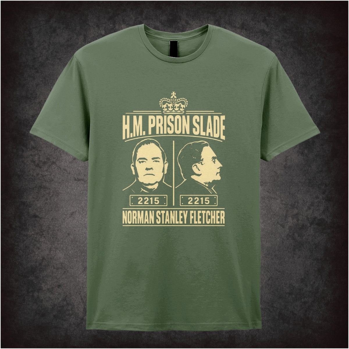 “Norman Stanley Fletcher ‘H.M. Prison Slade’ T-shirt in military green from Porridge”