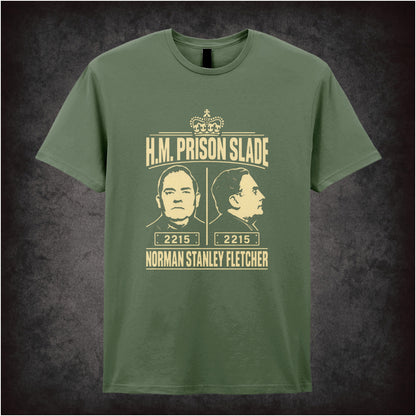 “Norman Stanley Fletcher ‘H.M. Prison Slade’ T-shirt in military green from Porridge”