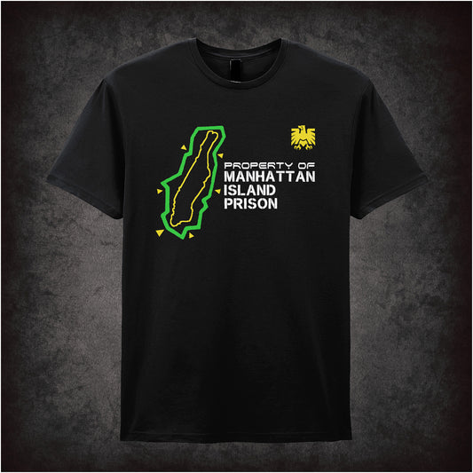 Black unisex T-shirt featuring 'Property of Manhattan Island Prison' text from Escape from New York with a detailed map graphic of Manhattan Island.