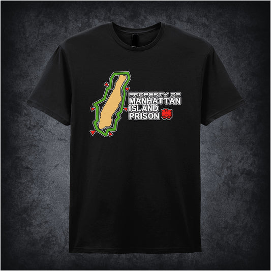 Black unisex T-shirt featuring 'Property of Manhattan Island Prison' text from Escape from New York with a detailed map graphic of Manhattan Island.