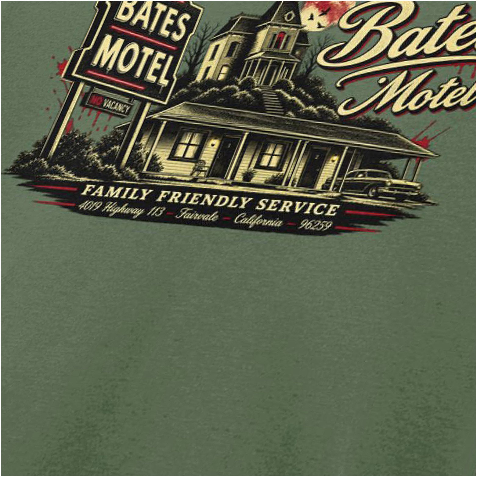 ‘bates motel family friendly service’ quote close up T-shirt in military green from Psycho