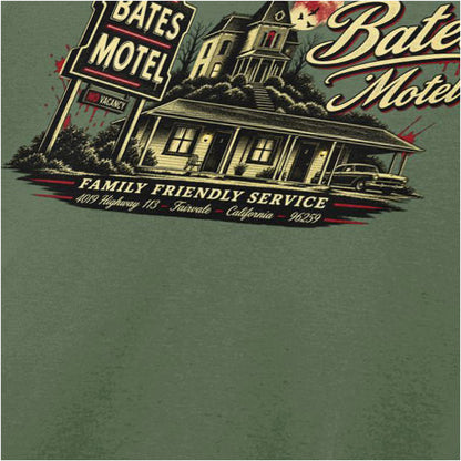 ‘bates motel family friendly service’ quote close up T-shirt in military green from Psycho