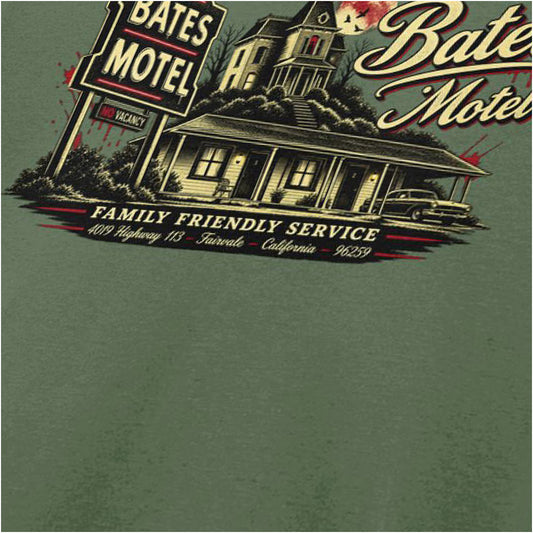 ‘bates motel family friendly service’ quote close up T-shirt in military green from Psycho