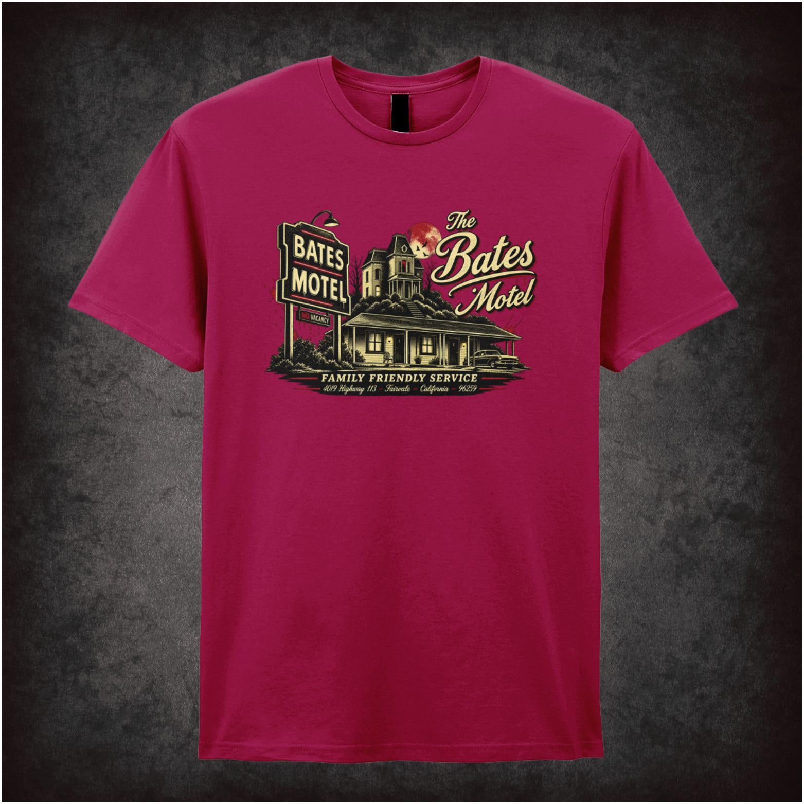 ‘bates motel family friendly service’ quote T-shirt in cardinal red from Psycho