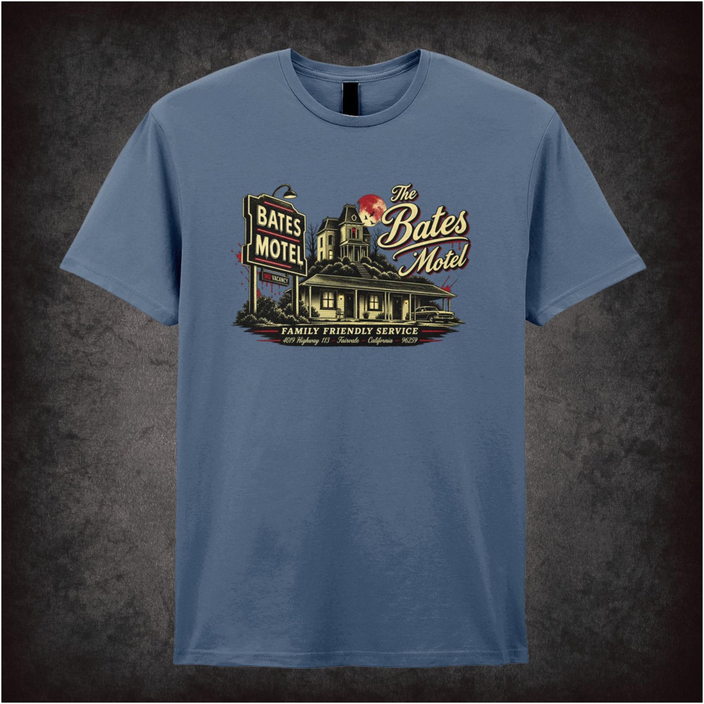 ‘bates motel family friendly service’ quote T-shirt in indigo from Psycho