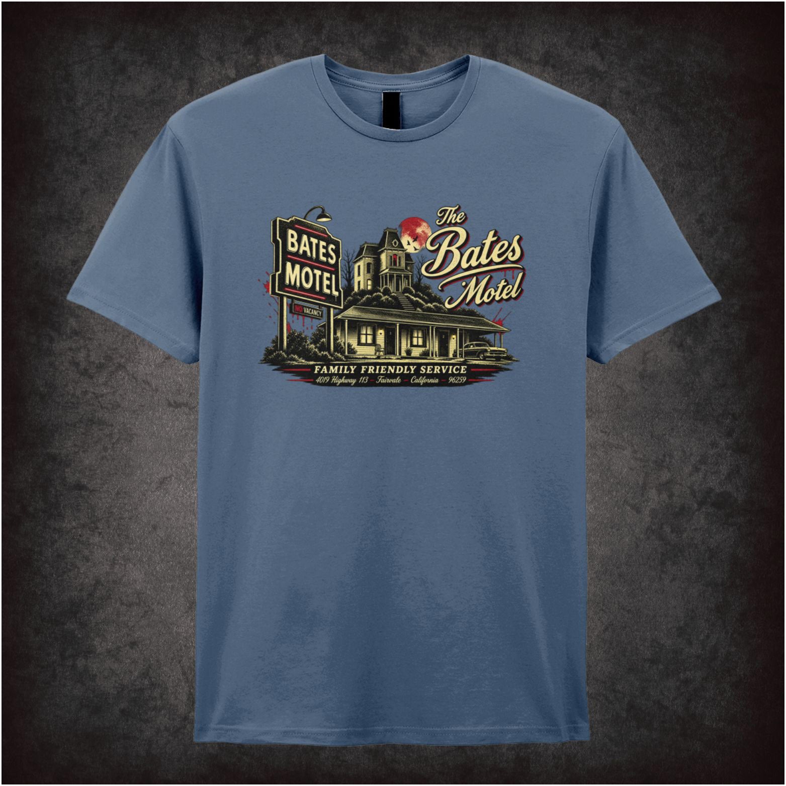 ‘bates motel family friendly service’ quote T-shirt in indigo from Psycho