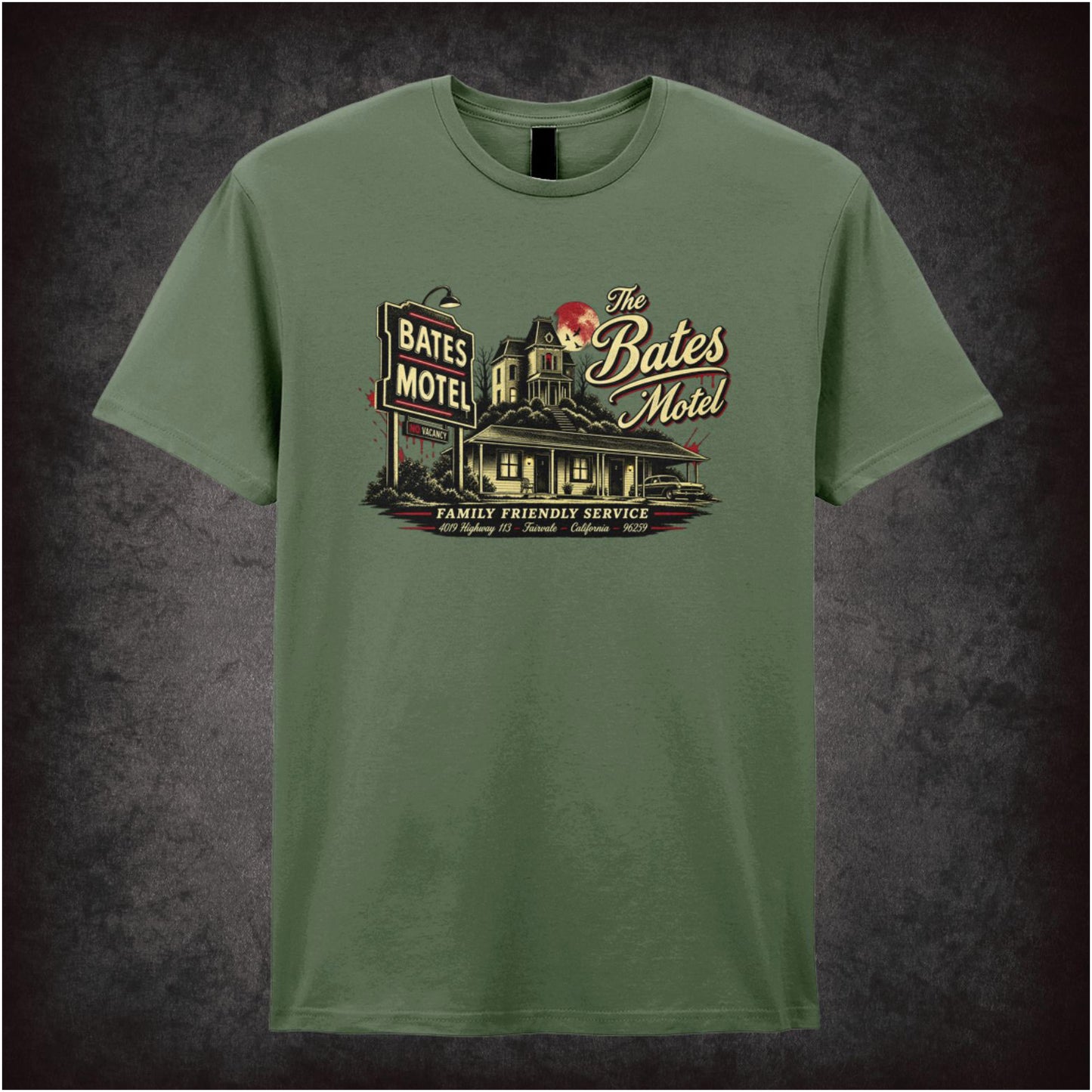 ‘bates motel family friendly service’ quote T-shirt in military green from Psycho