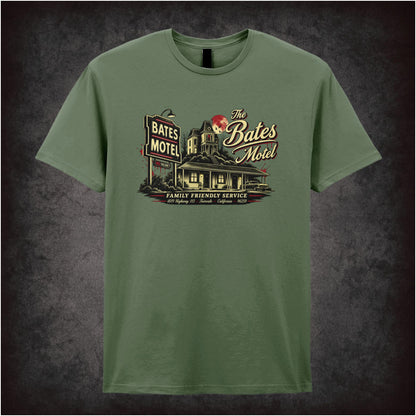 ‘bates motel family friendly service’ quote T-shirt in military green from Psycho