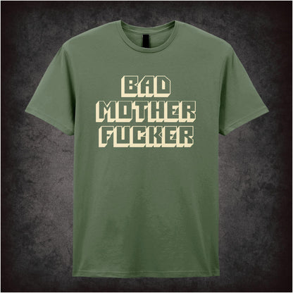 ‘Bad mother fucker’ text T-shirt in military green from Pulp Fiction
