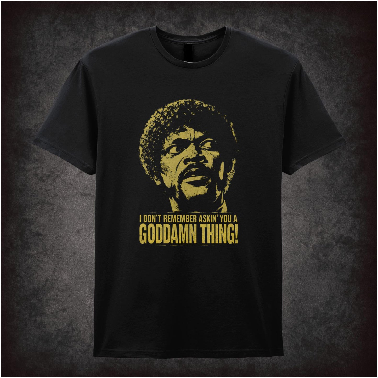 Jules Winnfield face ‘I don’t remember asking you a goddamn thing’ T-shirt in black from Pulp Fiction