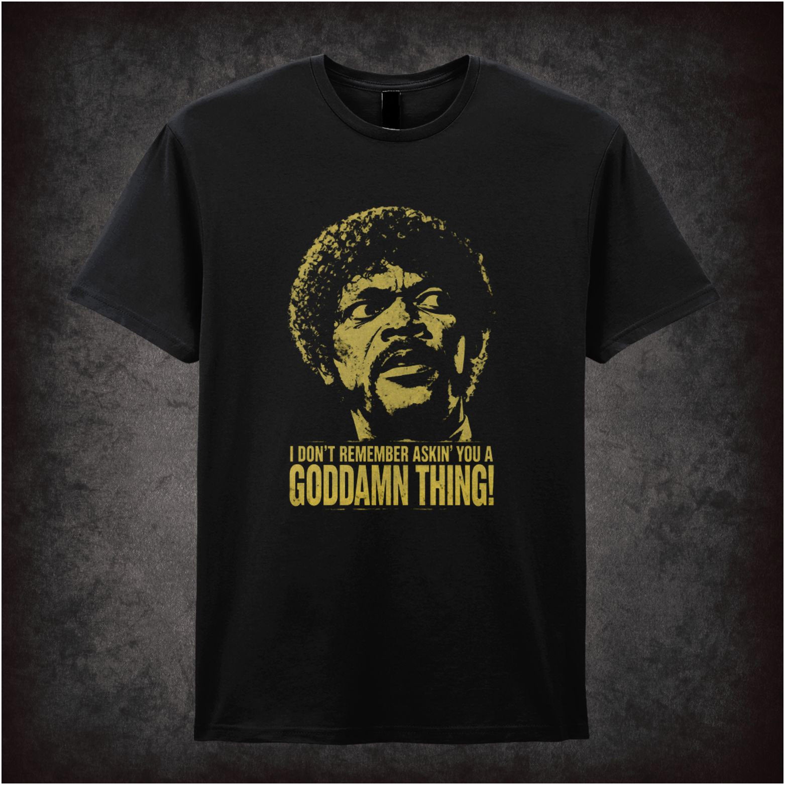 Jules Winnfield face ‘I don’t remember asking you a goddamn thing’ T-shirt in black from Pulp Fiction