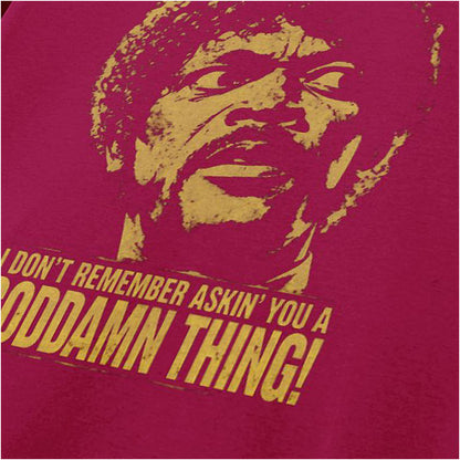 Jules Winnfield face ‘I don’t remember asking you a goddamn thing’ close up T-shirt in cardinal red from Pulp Fiction