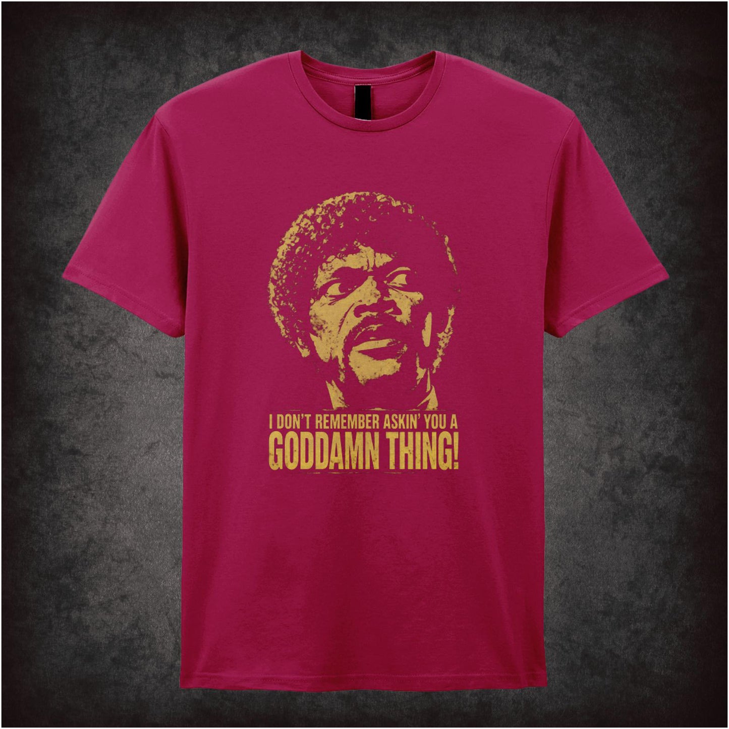 Jules Winnfield face ‘I don’t remember asking you a goddamn thing’ T-shirt in cardinal red from Pulp Fiction