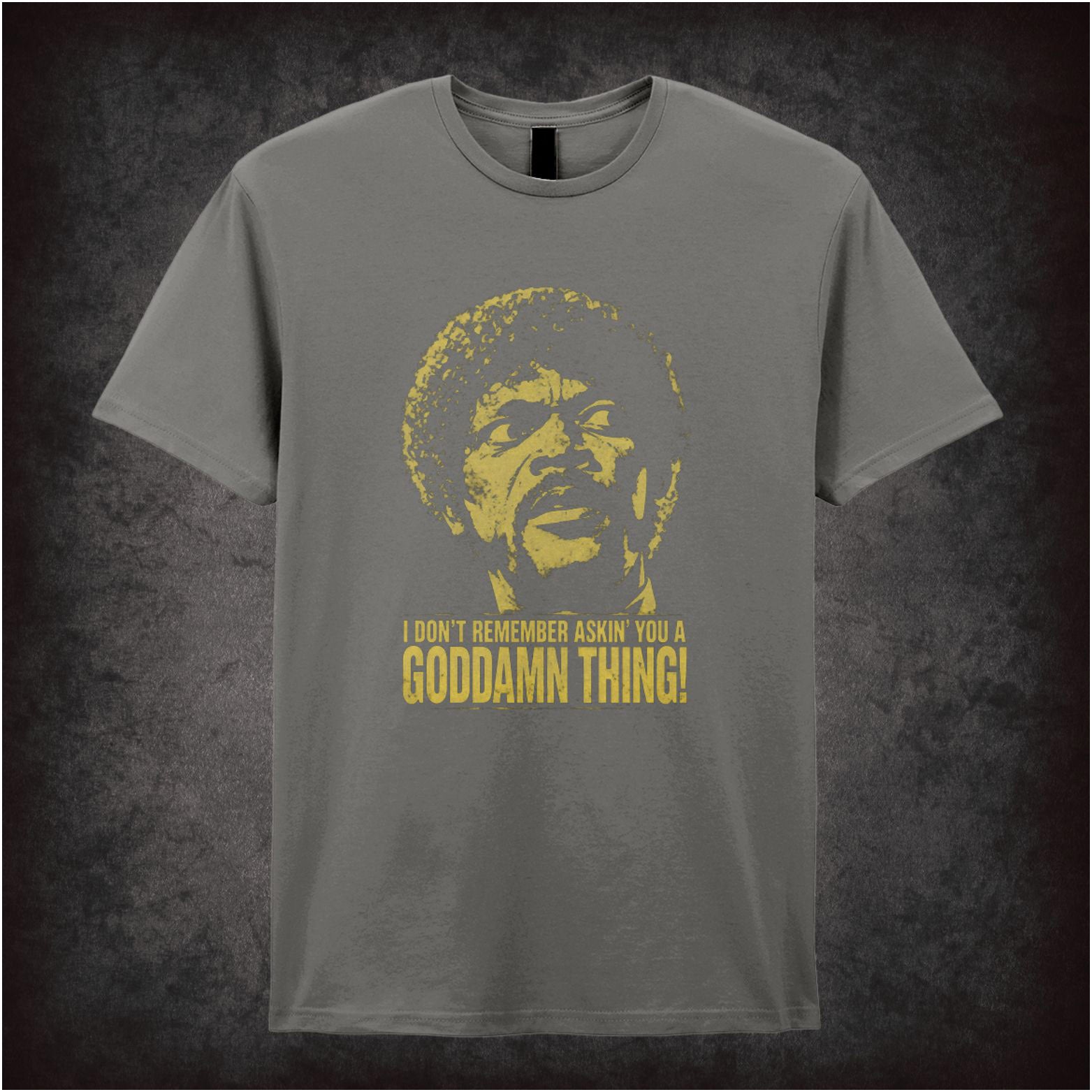 Jules Winnfield face ‘I don’t remember asking you a goddamn thing’ T-shirt in charcoal from Pulp Fiction