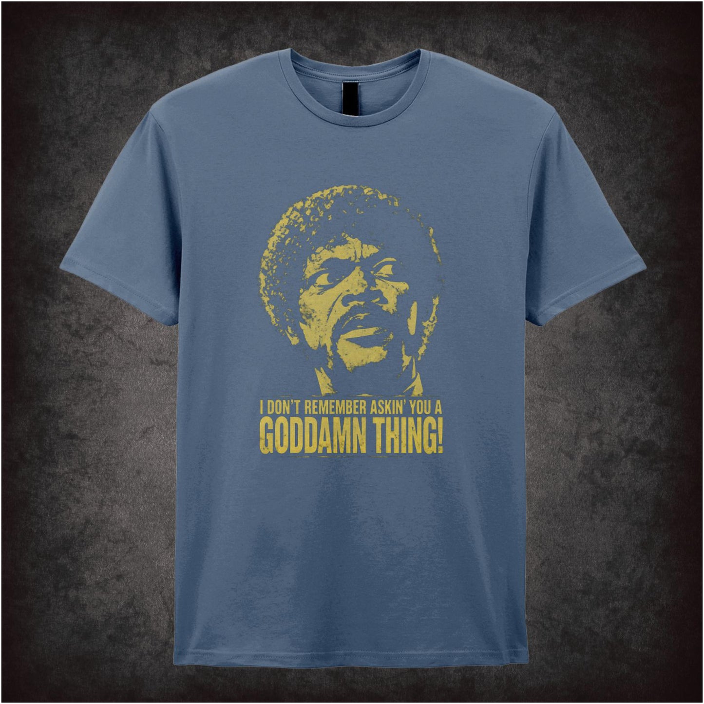 Jules Winnfield face ‘I don’t remember asking you a goddamn thing’ T-shirt in indigo from Pulp Fiction