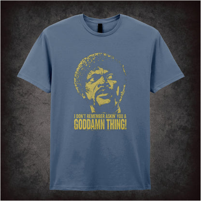 Jules Winnfield face ‘I don’t remember asking you a goddamn thing’ T-shirt in indigo from Pulp Fiction