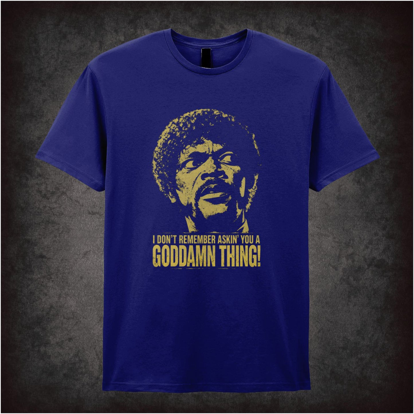 Jules Winnfield face ‘I don’t remember asking you a goddamn thing’ T-shirt in navy from Pulp Fiction