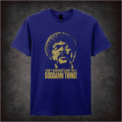 Jules Winnfield face ‘I don’t remember asking you a goddamn thing’ T-shirt in navy from Pulp Fiction