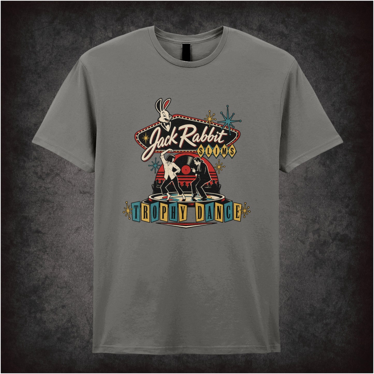 Jack Rabbit Slim's trophy dance vincent and mia T-shirt in charcoal from Pulp Fiction