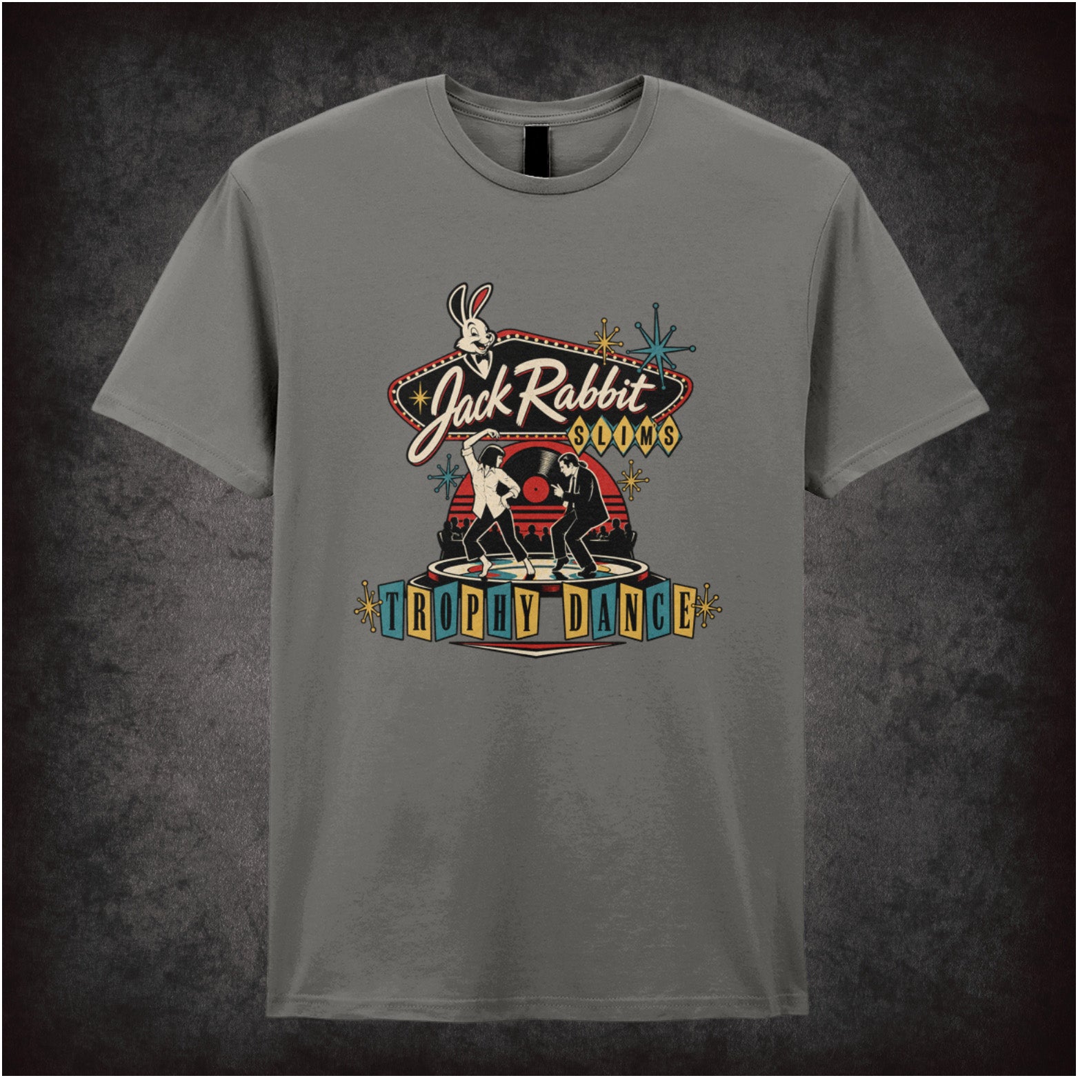 Jack Rabbit Slim's trophy dance vincent and mia T-shirt in charcoal from Pulp Fiction