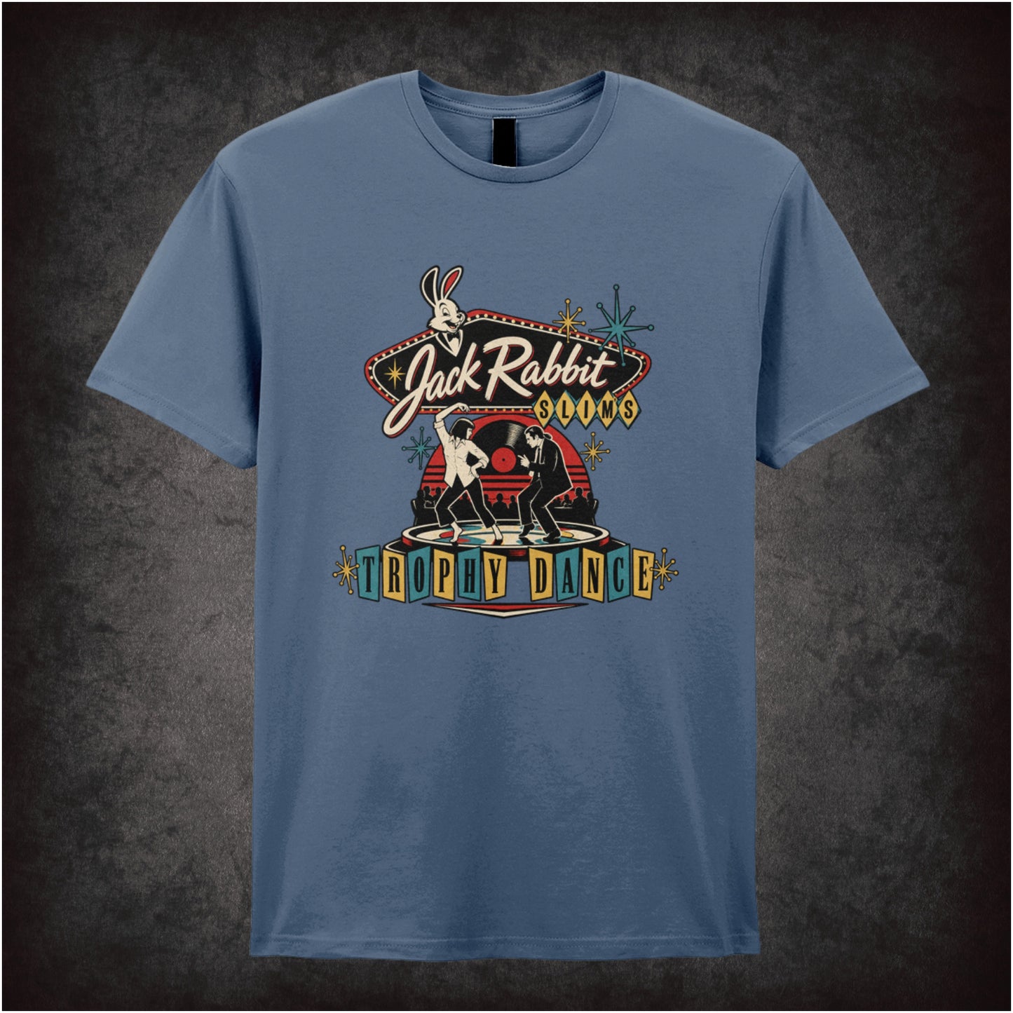 Jack Rabbit Slim's trophy dance vincent and mia T-shirt in indigo from Pulp Fiction