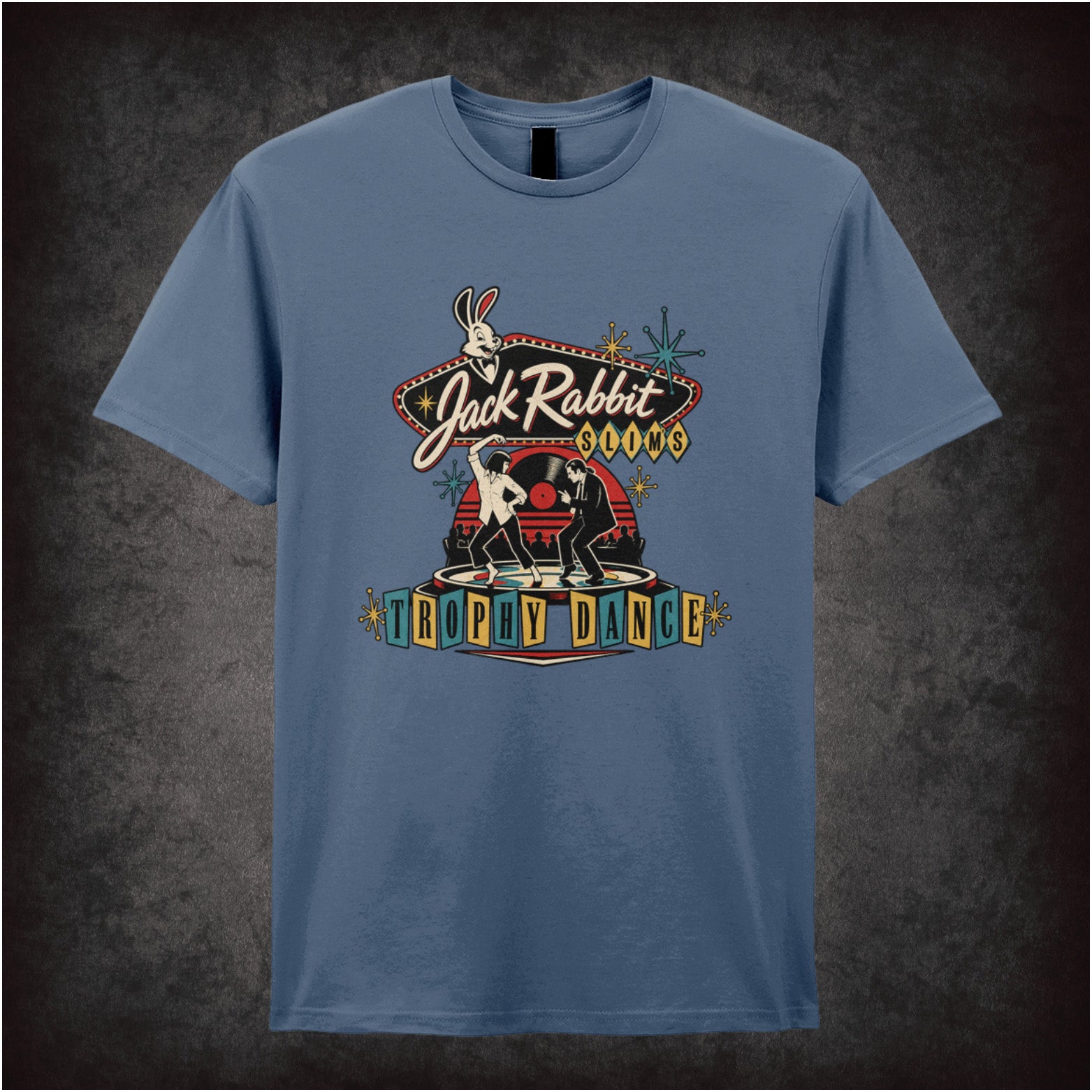Jack Rabbit Slim's trophy dance vincent and mia T-shirt in indigo from Pulp Fiction