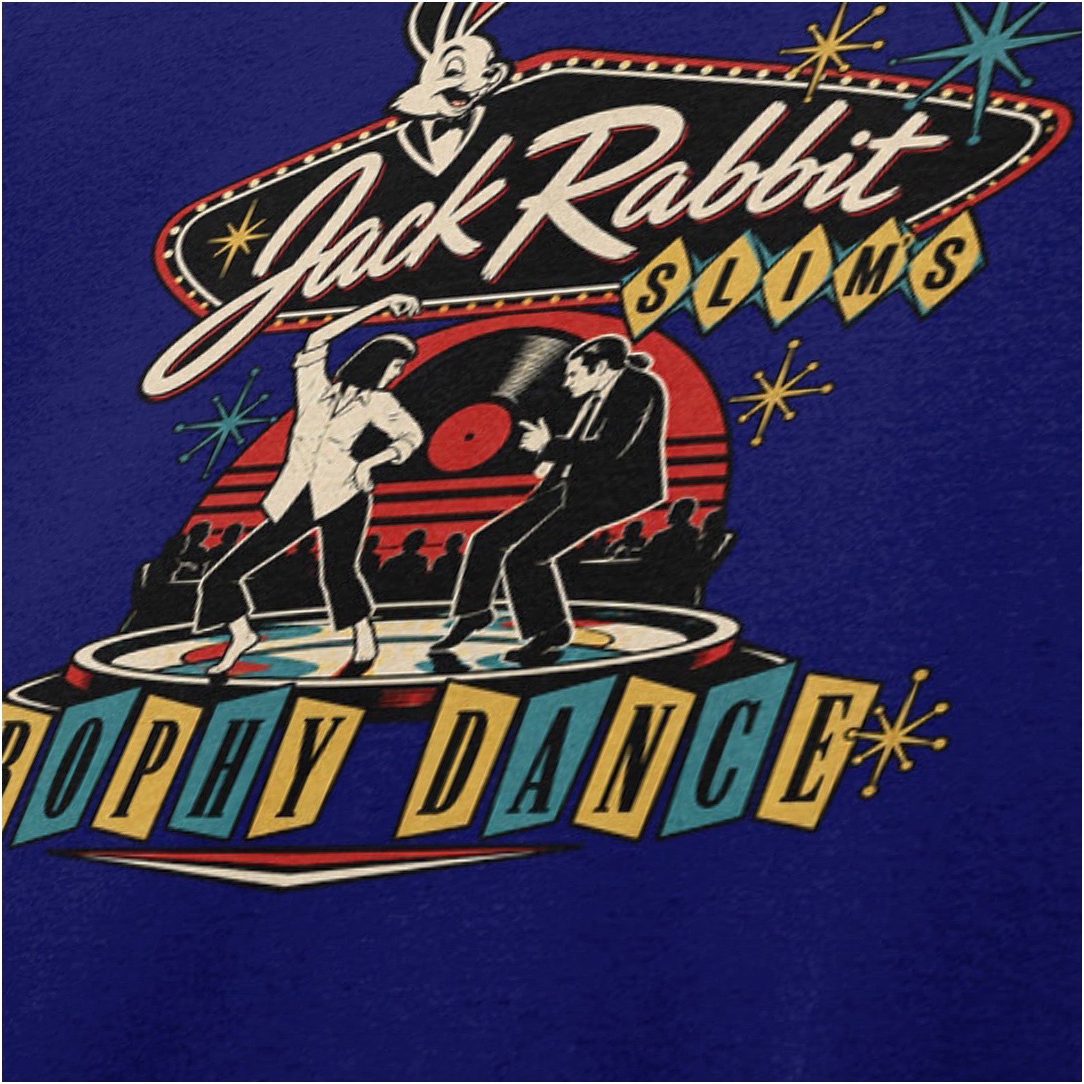 Jack Rabbit Slim's trophy dance vincent and mia close up T-shirt in navy from Pulp Fiction