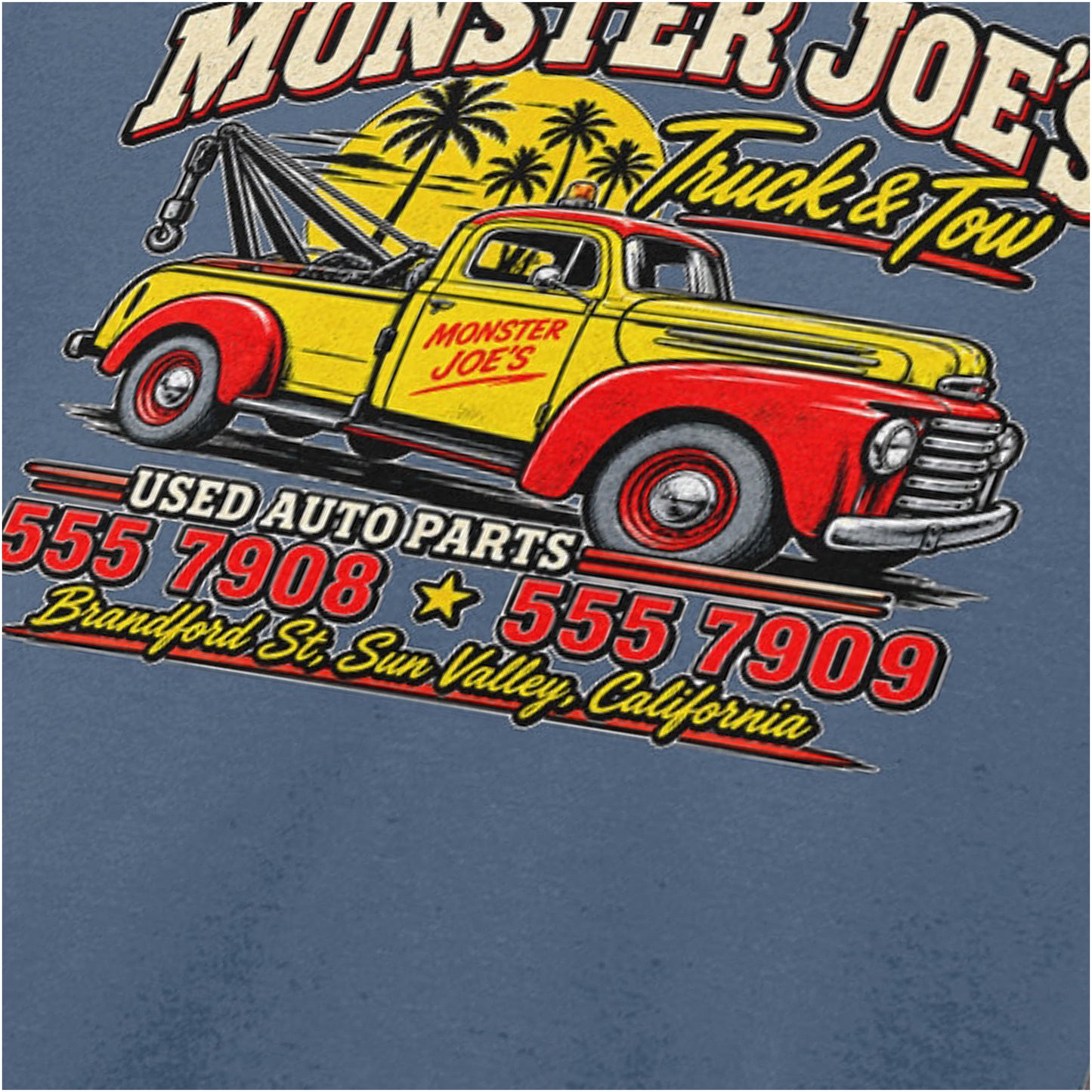 Monster Joes Truck & Tow close up T-shirt in indigo from Pulp Fiction