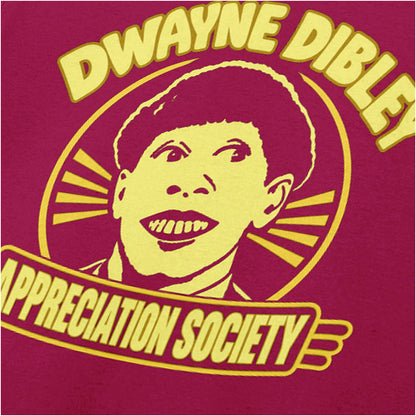 “‘Dwayne Dibley Appreciation Society’ close up T-shirt in cardinal red from Red Dwarf”