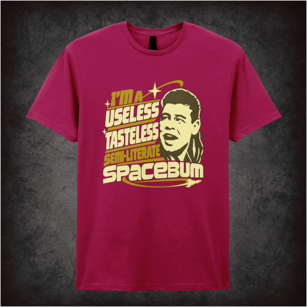 “Lister ‘I’m a useless tasteless semi-literate spacebum’ T-shirt in cardinal red from Red Dwarf”