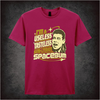 “Lister ‘I’m a useless tasteless semi-literate spacebum’ T-shirt in cardinal red from Red Dwarf”