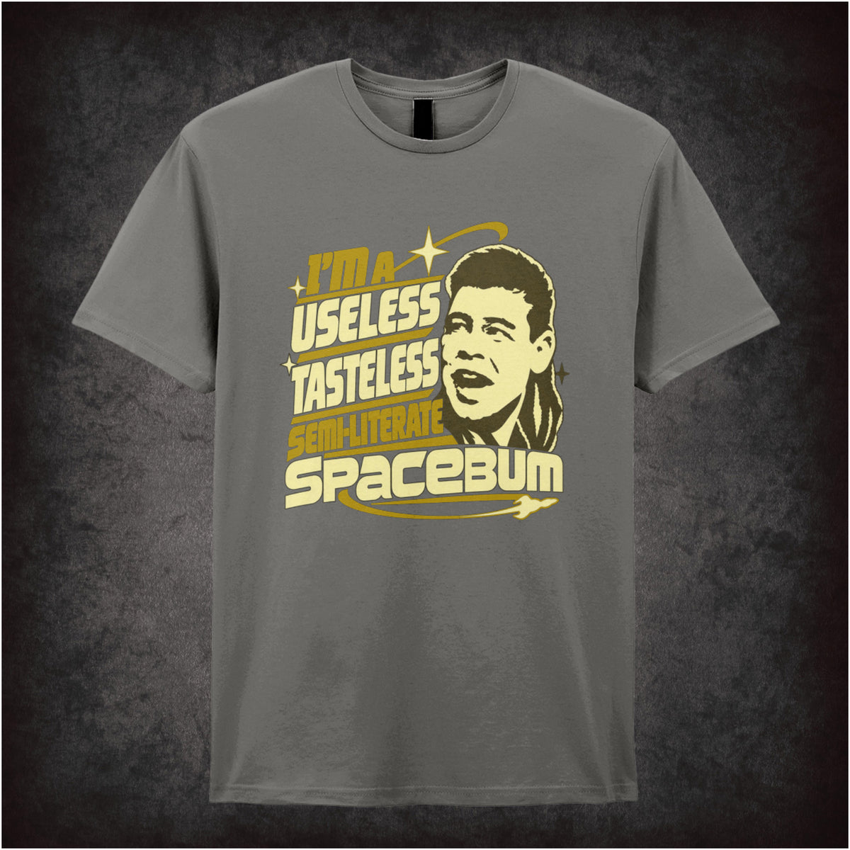 “Lister ‘I’m a useless tasteless semi-literate spacebum’ T-shirt in charcoal  from Red Dwarf”