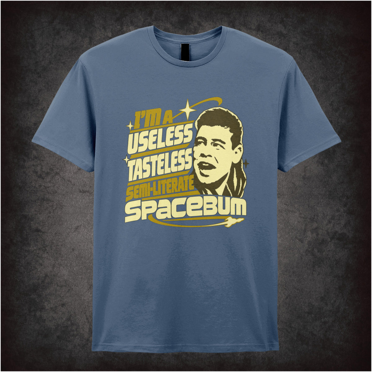 “Lister ‘I’m a useless tasteless semi-literate spacebum’ T-shirt in indigo from Red Dwarf”
