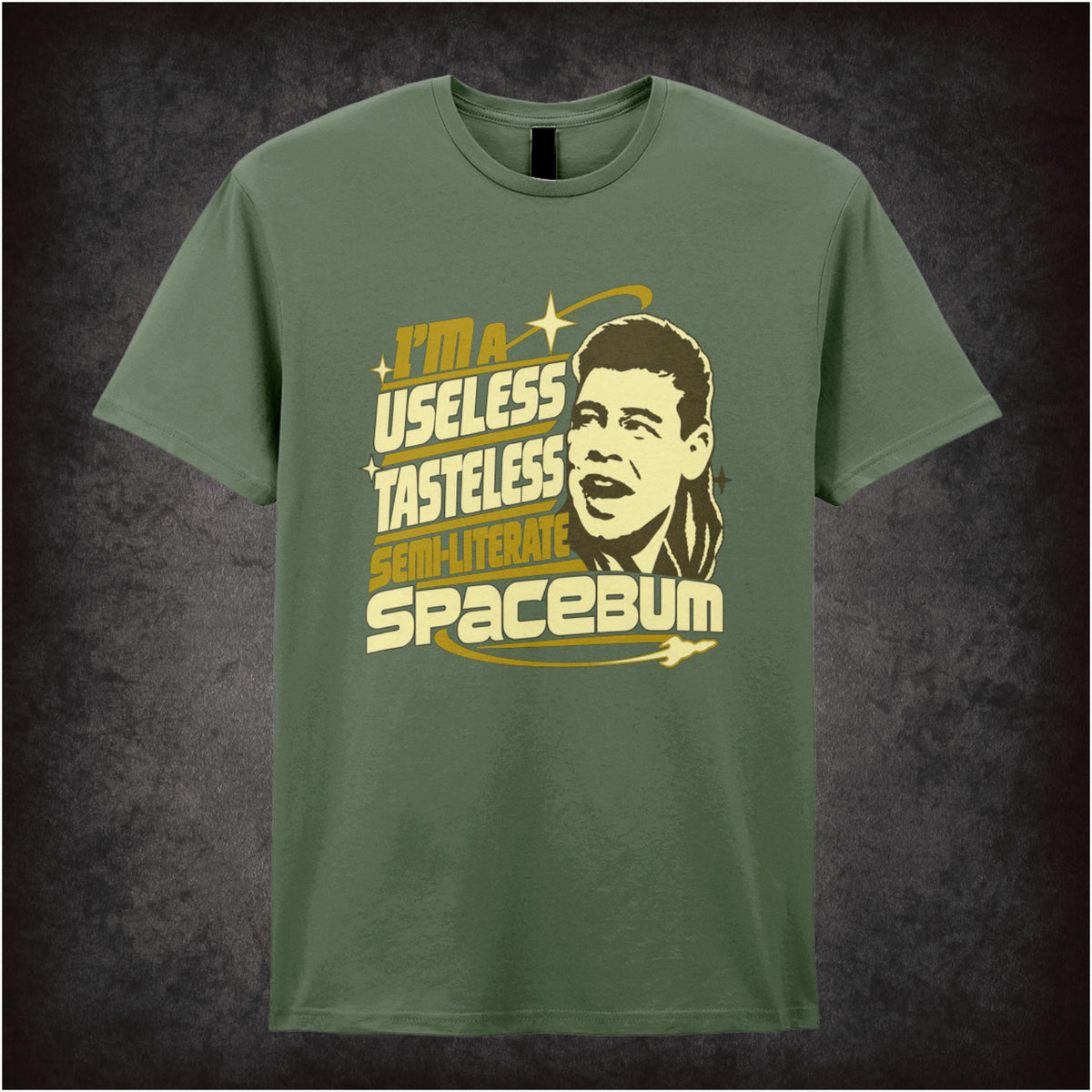 “Lister ‘I’m a useless tasteless semi-literate spacebum’ T-shirt in military green from Red Dwarf”