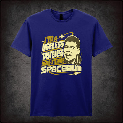 “Lister ‘I’m a useless tasteless semi-literate spacebum’ T-shirt in navy from Red Dwarf”