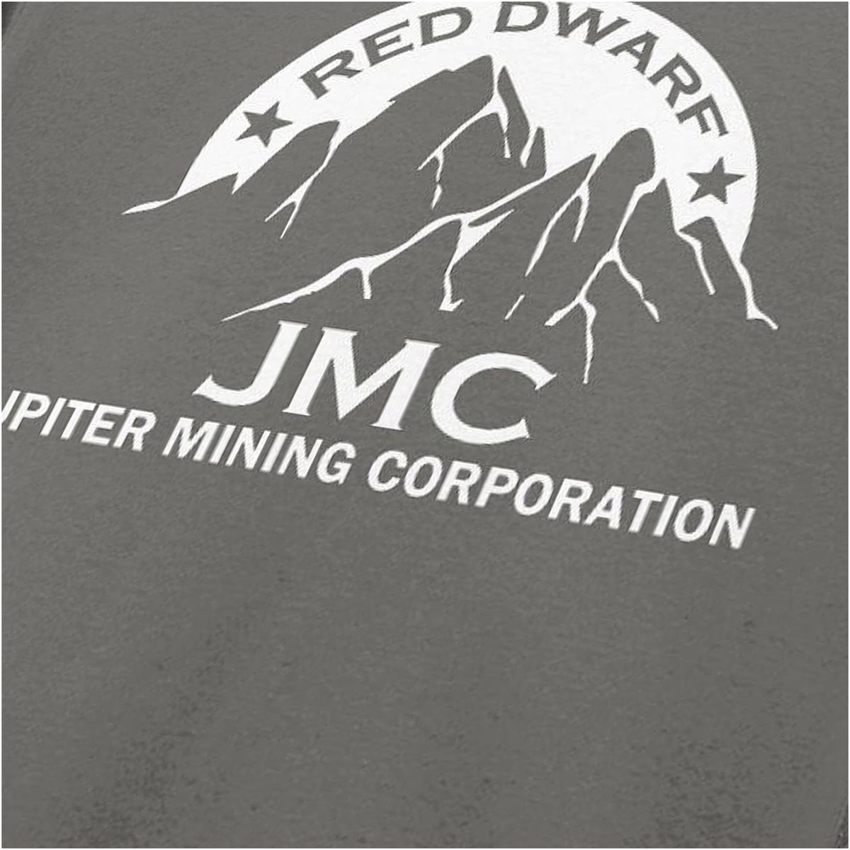 “‘JMC Jupiter Mining Corporation’ close up T-shirt in charcoal from Red Dwarf”