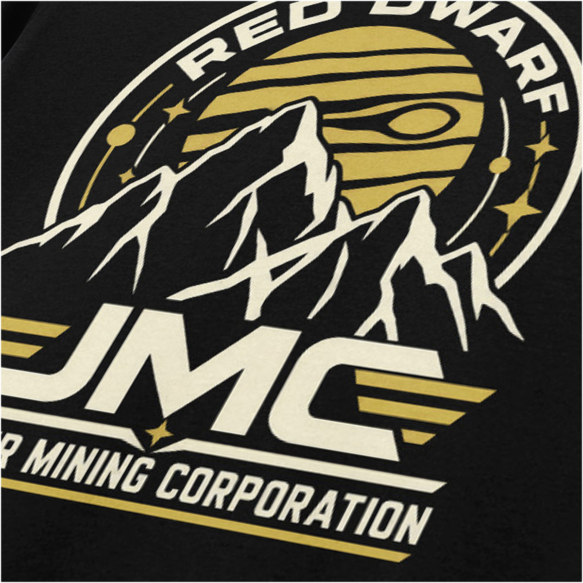 “‘Jupiter Mining Corporation’ close up T-shirt in black from Red Dwarf”