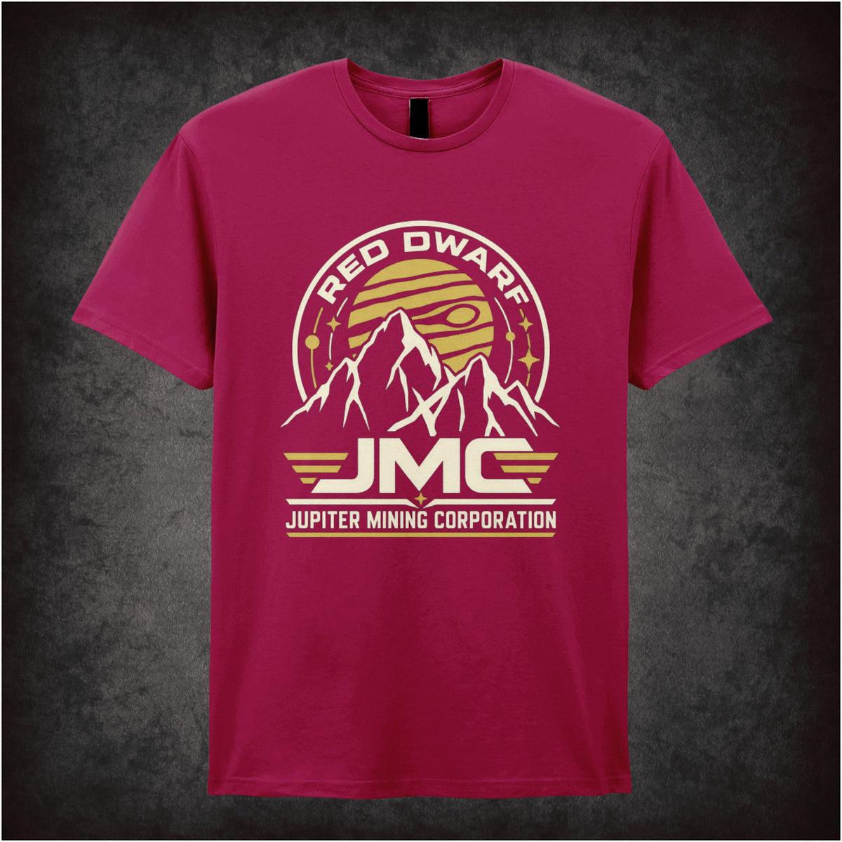 “‘Jupiter Mining Corporation’ T-shirt in cardinal red from Red Dwarf”