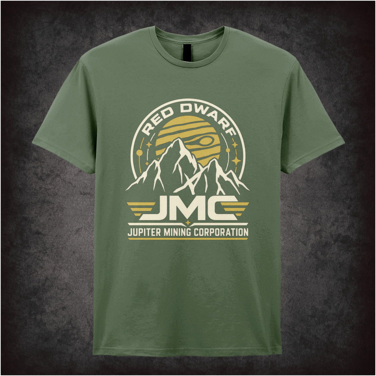 “‘Jupiter Mining Corporation’ T-shirt in military green from Red Dwarf”