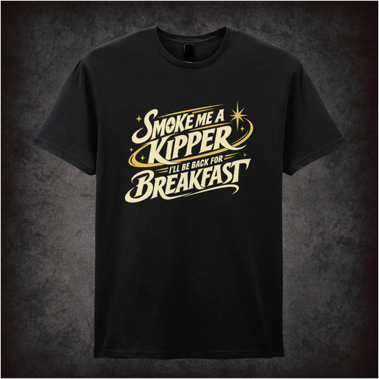 “Rimmer ‘Smoke me a kipper, I’ll be back for breakfast’ T-shirt in black from Red Dwarf”