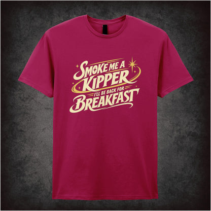 “Rimmer ‘Smoke me a kipper, I’ll be back for breakfast’ T-shirt in cardinal red from Red Dwarf”