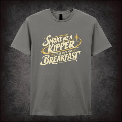 “Rimmer ‘Smoke me a kipper, I’ll be back for breakfast’ T-shirt in charcoal from Red Dwarf”