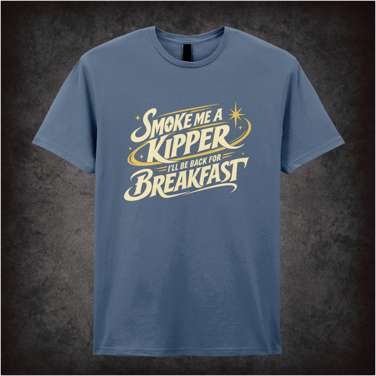 “Rimmer ‘Smoke me a kipper, I’ll be back for breakfast’ T-shirt in indigo from Red Dwarf”