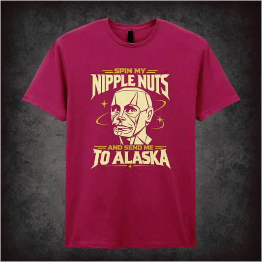 “Kryten ‘Spin my nipple nuts and send me to Alaska’ T-shirt in cardinal red from Red Dwarf”