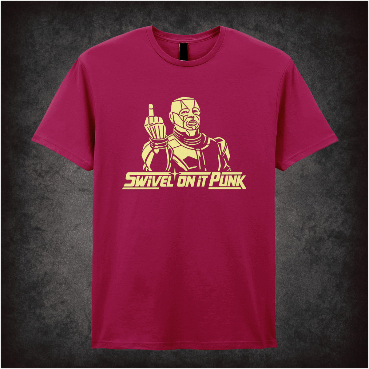 “Kryten ‘Swivel on it, punk’ T-shirt in cardinal red from Red Dwarf”